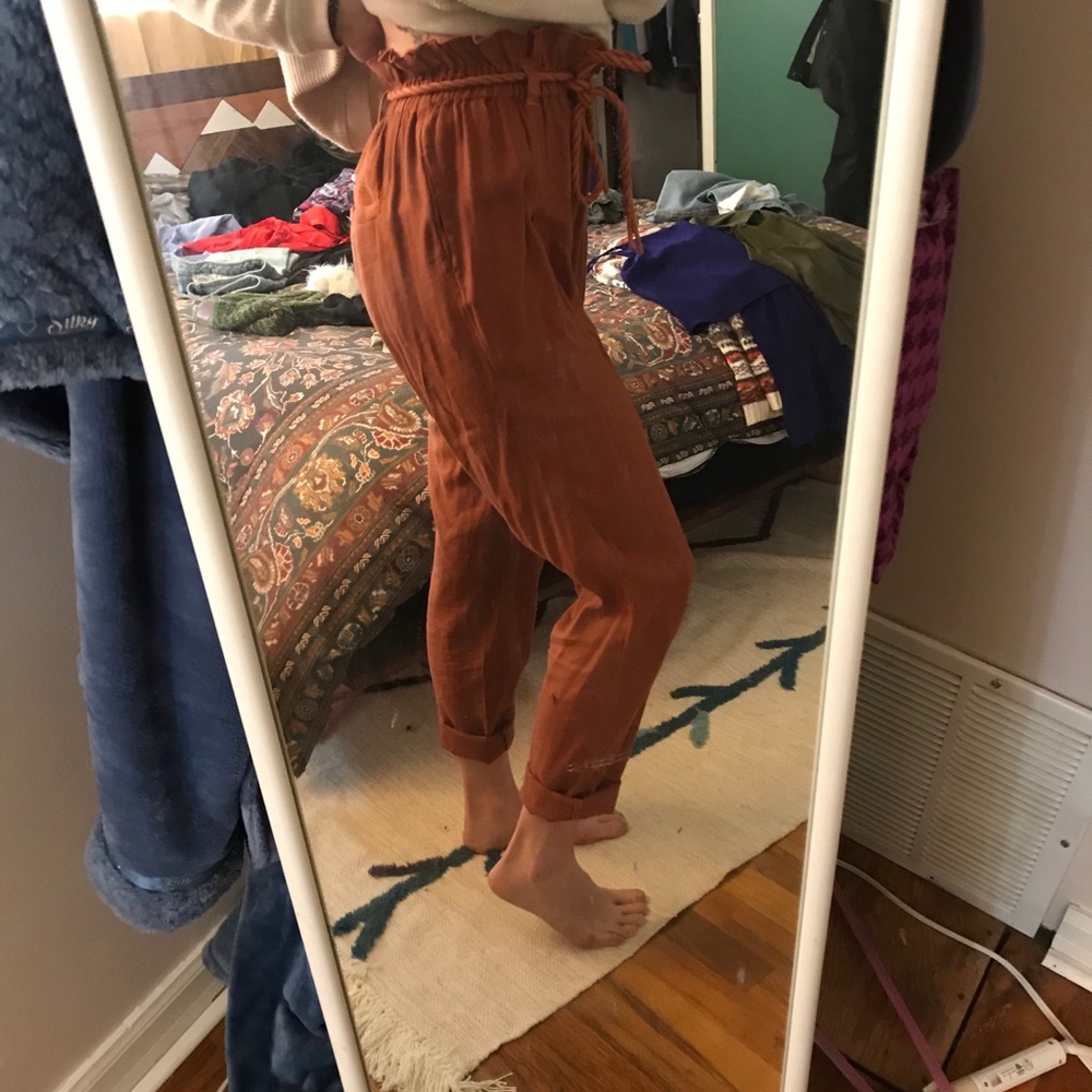 Cinched, rope tie pants. Rust color